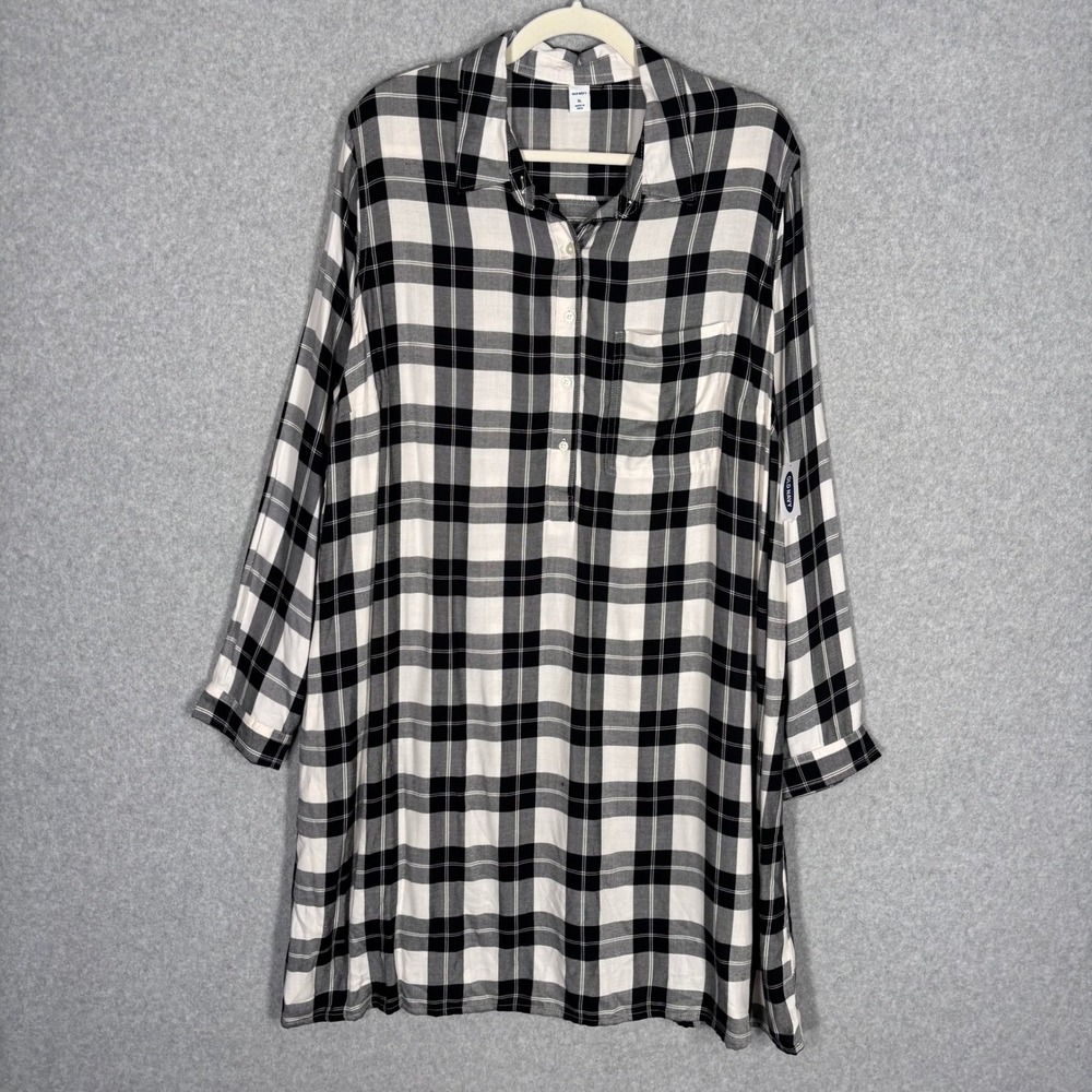 Old Navy Plaid Popover Tunic Dress XL Black White Heritage Farmhouse Western